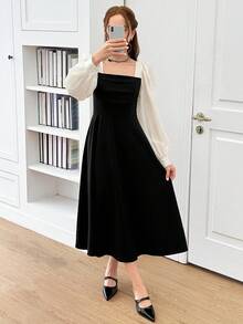 SHEIN Teen Girl Colorblock Square Neck Puff Sleeve Casual Dress - Black and White - View 5