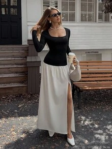 Elyressa 女士优雅百搭黑白拼接拼色开叉下摆修身连衣裙，适合日常通勤 - 彩色 - 查看 5