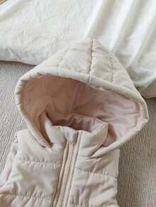 SHEIN Vintaside Kids 女婴休闲百搭连帽棉质夹克背心，拉链开合，冬季，日常穿着
