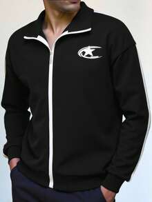 SHEIN Chaqueta de punto con estampado de logo de estrella casual para adolescentes, versátil y adecuada para ir y venir, la escuela, el uso diario casual, los viajes, las fiestas al aire libre, los deportes, otoño/invierno