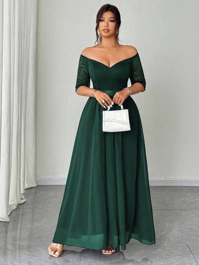 Elenzga Christmas Plus Size Women's Elegant Romantic Party Dress, Lace Patchwork Off Shoulder Short Sleeve Waist Cinched Chiffon Flowing Maxi Dress