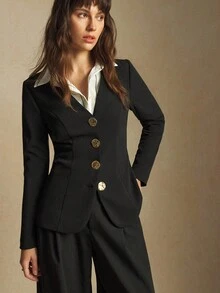 BizChic Black Metal Button Decorated V-Neck Front Open Women's Suit Jacket, Modern Urban Elegant Romantic Office Commute Business Casual Workwear, Suitable For Formal Occasions, Office, Wedding Guest, Party, Performance, Daily Wear Work Outfits For Women Office Outfits For Women - Black - View 2