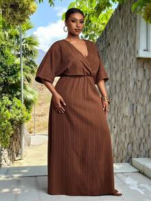 Veslaya Plus Size Women's Solid Color Overlap V-Neck Batwing Sleeve Casual Dress