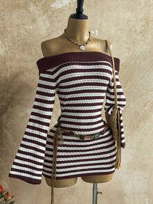 Soleia Vestido de punto ajustado con mangas acampanadas y bloques de color para mujer, adecuado para fiesta, vacaciones, estilo bohemio, romántico floral, vacaciones, lino, vestido de punto a rayas, vestido de punto hombros descubiertos, vestido de punto, ropa de otoño e invierno para mujer - Marrón - Ver 3