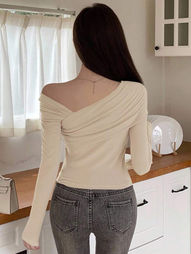 Women's Elegant Asymmetric Shoulder Solid Color T-Shirt, Autumn Long Sleeve Top