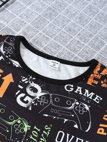 2pcs Teen Boys' Graffiti Game Console Print Knit Stretchy Fabric Comfortable Soft Orange & White Round Neck Long Sleeve Top And Pants Loungewear Set - Multicolor - View 7