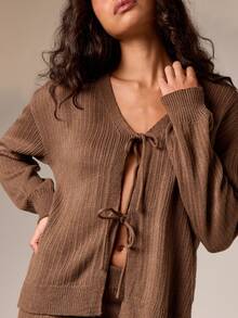 AiiRZ Bộ đồ mặc nhà hai mảnh dệt kim gân rút dây thời trang thu đông ấm áp quần ống loe cardigan phù hợp mặc đi nghỉ dưỡng thường ngày - Cà phê nâu - Xem 4