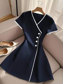 SHEIN Elegant & Fashionable Color Block V-Neck Waist Flared Mini Dress For Women - Royal Blue - View 3