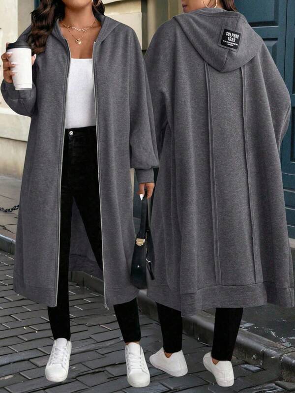 EMERY ROSE Plus Size Women Letter Printed Dropped Shoulder Long Sleeve Zip Front Long Casual Hooded Coat For Autumn Fall Winter Cloth For Women