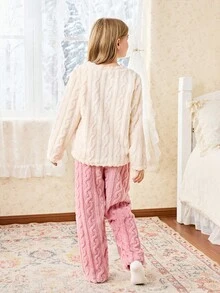 SHEIN 女童杏桃色刺绣上衣和粉色裤子睡衣套装 - 杏色 - 查看 2