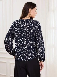 SHEIN LUNE 女士碎花V领灯笼袖宽松休闲衬衫，休闲款 - 彩色 - 查看 2