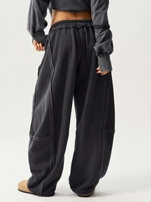 Bohemela 女士休闲纯色针织加厚保暖内衬低腰宽松裤，适合冬季、万圣节、圣诞节、音乐节 - 深灰色 - 查看 6