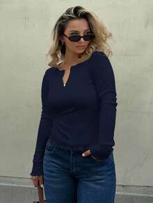 Jeta Ari Camiseta de punto acanalado de ajuste ceñido con botones a la mitad, blusas de mujer de manga larga para otoño - Azul Marino - Ver 6