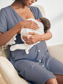 BloomMama 孕妇短袖睡袍（罗纹） - 淺灰色 - 查看 3