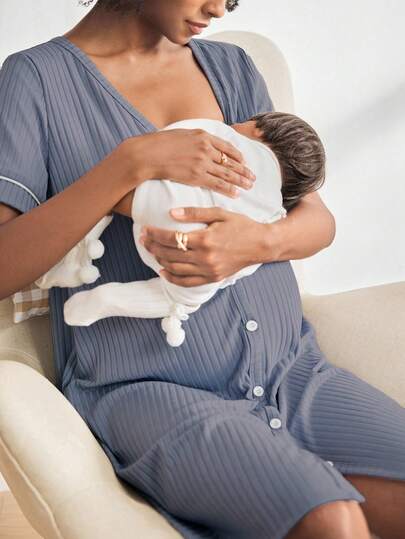 BloomMama Maternity Short Sleeve Ribbed Nursing Nightgown Button, Loungewear Sleepwear Pajama Dress Sleep Shirt view 3