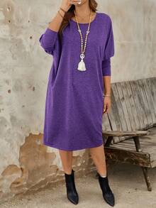 女式大码休闲修身圆领针织连衣裙 - 紫色 - 查看 1