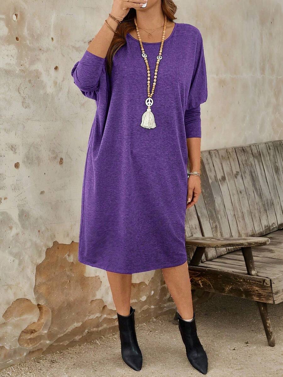 女式大码休闲修身圆领针织连衣裙 - 紫色 - 查看 1