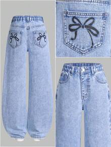 SHEIN ChillGRL Tween Girls' Light Blue Washed Denim Jeans With Bowknot Hem Design, Loose Straight Leg, High Waist, Versatile For Daily Wear, School, Commute, Party, Holiday, Back To School Fall Winter - Medium Wash - View 2