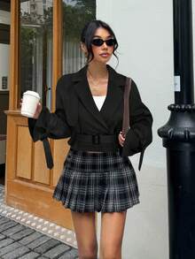 Muchica 秋冬女士休闲黑色长袖双排扣系带风衣 - 黑色 - 查看 5