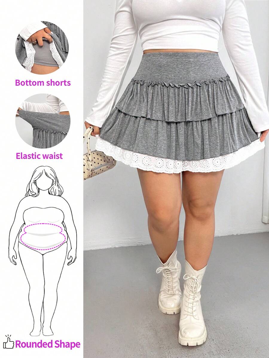 Enliva Abidrinkell Plus Size Women's Mini Skirt With Attached Undershorts, Multi-Layer Ruffle Hem, Elastic Waist Knee-Length Skirt, For Apple Rounded Body Shape - Grey - View 1
