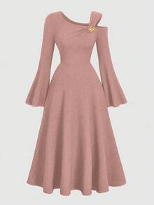 Elenzga Maxi-Kleid für Damen Große Größen, einfarbig, gestrickt, gerippter asymmetrischer Schulter, Rüschenärmel, figurbetonter eleganter Partykleid