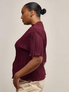 MUSERA Plus Plisse 高领落肩短袖上衣，冬季，日常，可爱，休闲，舒适，Gallerie 节日，假日，派对，春夏复活节 - 酒紅色 - 查看 3