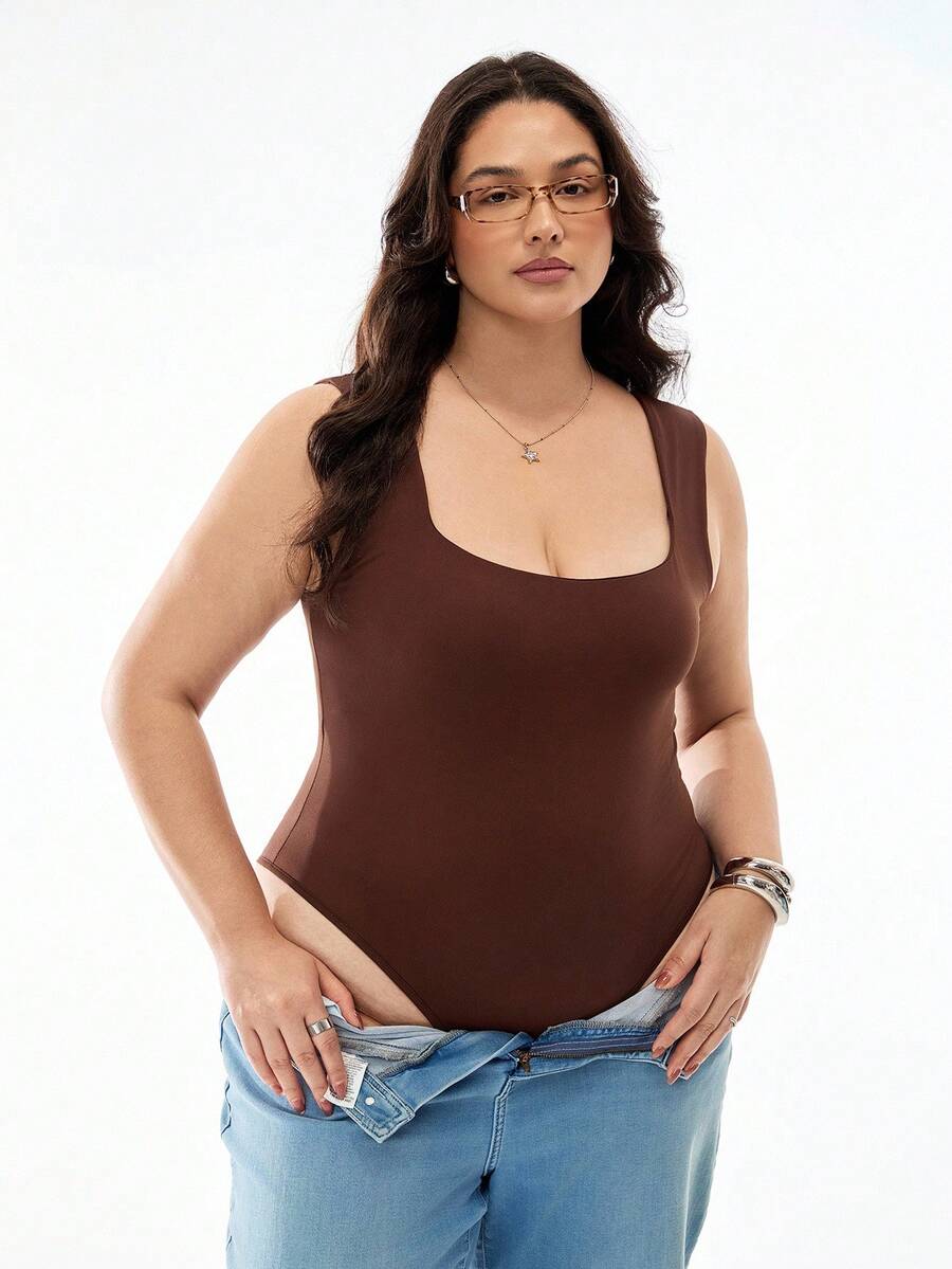 Solavibe Plus Size Round Neck Fitted Camisole Vest, Casual Basic Summer Wear - Brown - View 1