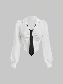 SHEIN MOD Front Lace-Up White Shirt, Autumn Shirt, Inner Shirt, College Shirt, Thanksgiving Clothing, Clothing,New Years Outfit - White - View 3