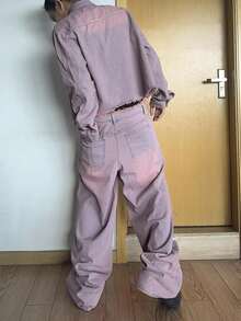 Manfinity Roghcode Men Button Up Denim Top & Pumpkin Print Jeans Co-Ords For Halloween, Fall Clothes