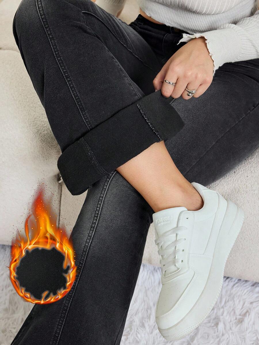 SHEIN Tall Autumn/Winter Women's Casual Versatile Skinny Flare Leg Jeans,Chic Going Out Winter-Warm Fleece-Lined Split-Design Comfortable Mid-Rise Black Flared Jeans