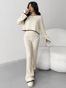 SHEIN 2 件青少年女孩休闲舒适毛衣和裤子套装，撞色装饰秋冬装 FGirlmen - 杏色 - 查看 5