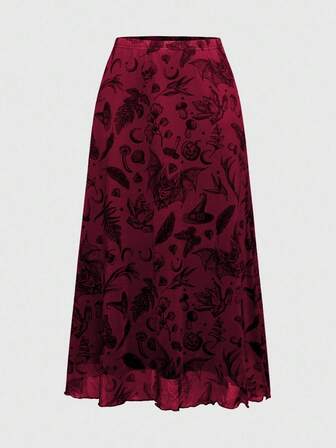 Fairycore Minifalda punk de corte evasé con estampado de murciélago, calavera, luna y calabaza, estilo gótico oscuro para mujer