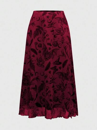 Fairycore Women's Dark Gothic Style Bat, Skull, Moon, Pumpkin Print A-Line Punk Mini Skirt