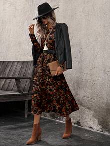 EMERY ROSE Women's Round Neck Maple Leaf Print Slim Fit Dress, Suitable For Autumn/Winter Elegant Floral Dress Women - Multicolor - View 2