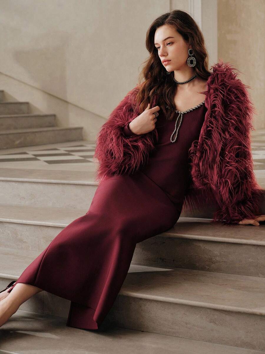 Anewsta Savoree Women's Sweetheart Neck Long Sleeve Fitted Elegant Crystal Bandage Dress - Burgundy - View 1