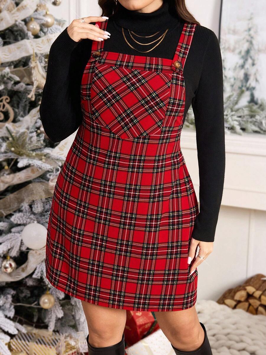 Comfylo 加大码宽松肩带纽扣口袋格子休闲迷你连衣裙加大码秋季女装连衣裙 - 紅色 - 查看 1
