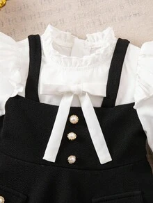 女婴学院风可爱二合一黑白拼接长袖连衣裙 - 白色 - 查看 5