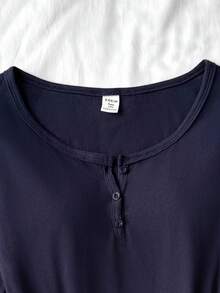 Teen Girls Striped Half Zip Casual Minimalist Knit Long Sleeve T-Shirt, Navy Blue