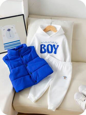 SHEIN Set 3 piese ținută pentru băieți bebeluși, hanorac cu glugă alb cu căptușeală termică, pantaloni de trening și vestă jachetă de iarnă cu guler albastru, dungi alb-albastre, toamnă, casual