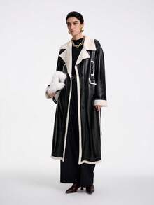 SHEIN Stylify 女式休闲翻领仿皮草饰边束腰撞色饰边长款风衣，秋冬 - 彩色 - 查看 6