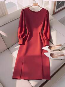 Franclia Vestido de mujer con cuello redondo, mangas farol y cremallera en el bajo con abertura