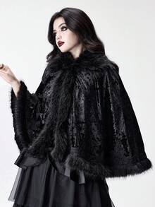 ROMWE Goth 复古宫廷拼布人造毛领钻石天鹅绒蕾丝边哥特式斗篷 - 黑色 - 查看 11