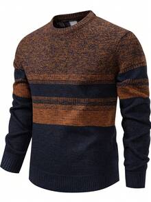 Manfinity Homme Herren Lässig gestreifter Rundhals Langarm Loose Fit Strickpullover, Herbst/Winter - Braun - Übersicht 3