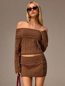 Avantive Shades Of Brown Autumn Elegant Brunch Outfits,Long Sleeve Knit Two Pieces Set,Off Shoulder Cable Knit Top&Mini Skirt,Fall&Winter Bodycon Outfit - Coffee Brown - View 7