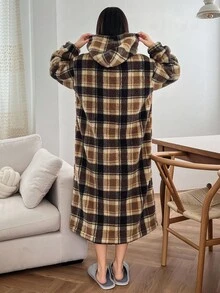 DAZY Bata de mujer con estampado de cuadros, de felpa, cálida y acogedora para el invierno
