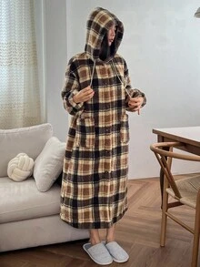 DAZY Bata de mujer con estampado de cuadros, de felpa, cálida y acogedora para el invierno