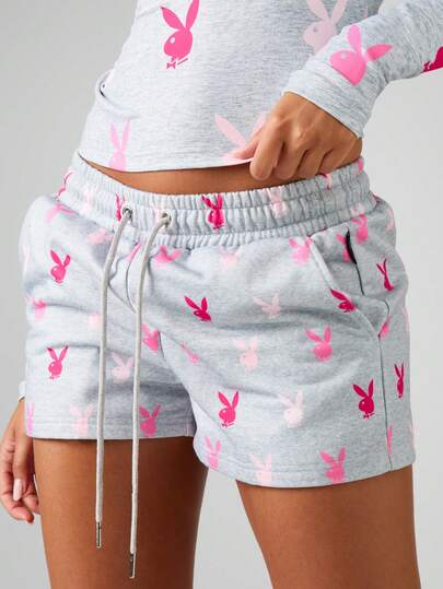 Missguided x Playboy Bunny Print Drawstring Jogger Shorts For Loungewear Summer Casual Comfort Sleepwear Homewear