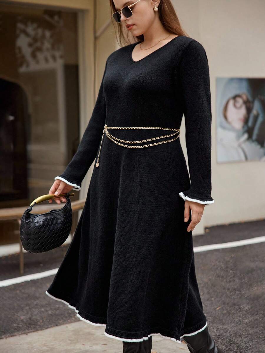 Calvaya Plus Size V-Neck Contrast Trim Knit Dress, Slimming & Flattering Long Sweater Dress - Black - View 1