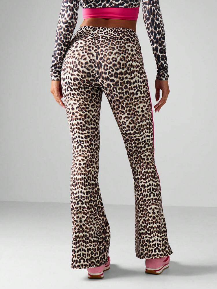 Missguided x Playboy Leopard Print Yoga Flare Pants Athletic Bell Bottom Workout High Waist Leggings With Pink Side Stripes Fall Winter Active Wear