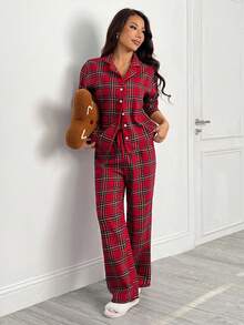 SHEIN PETITE Dames Nachtmode Pyjama Set Check Red Top And Pants Twill, Christmas - Burgundy - View 7
